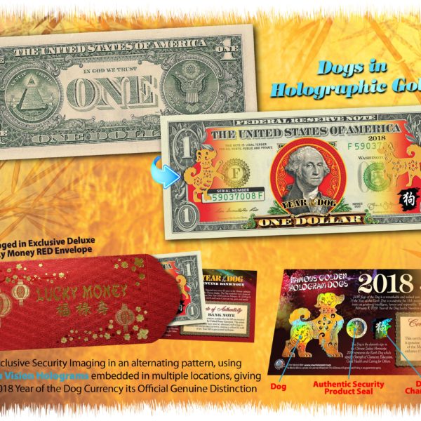 $2 U.S Bill BLUE Polychromatic 8 Dogs 2018 Lunar Chinese New YEAR OF THE DOG 
